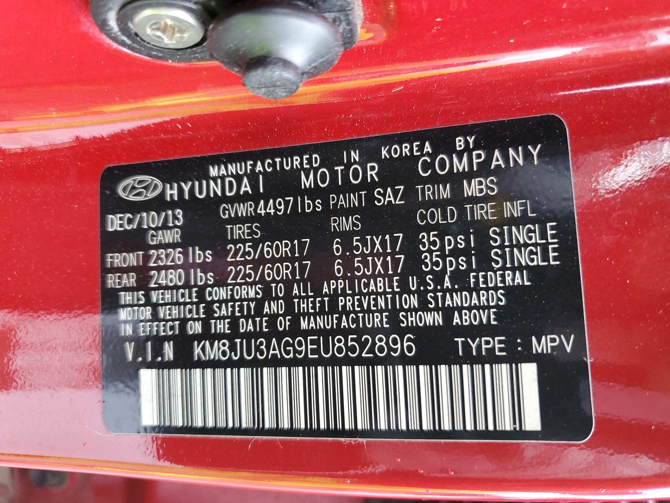 KM8JU3AG9EU852896 2014 Hyundai Tucson Gls