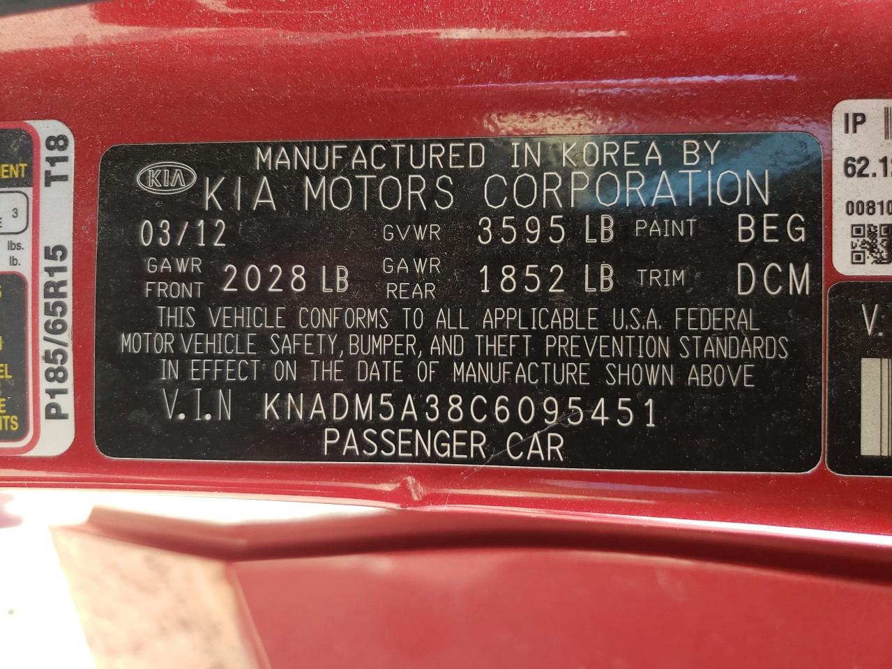 2012 Kia Rio Lx VIN: KNADM5A38C6095451 Lot: 68434504