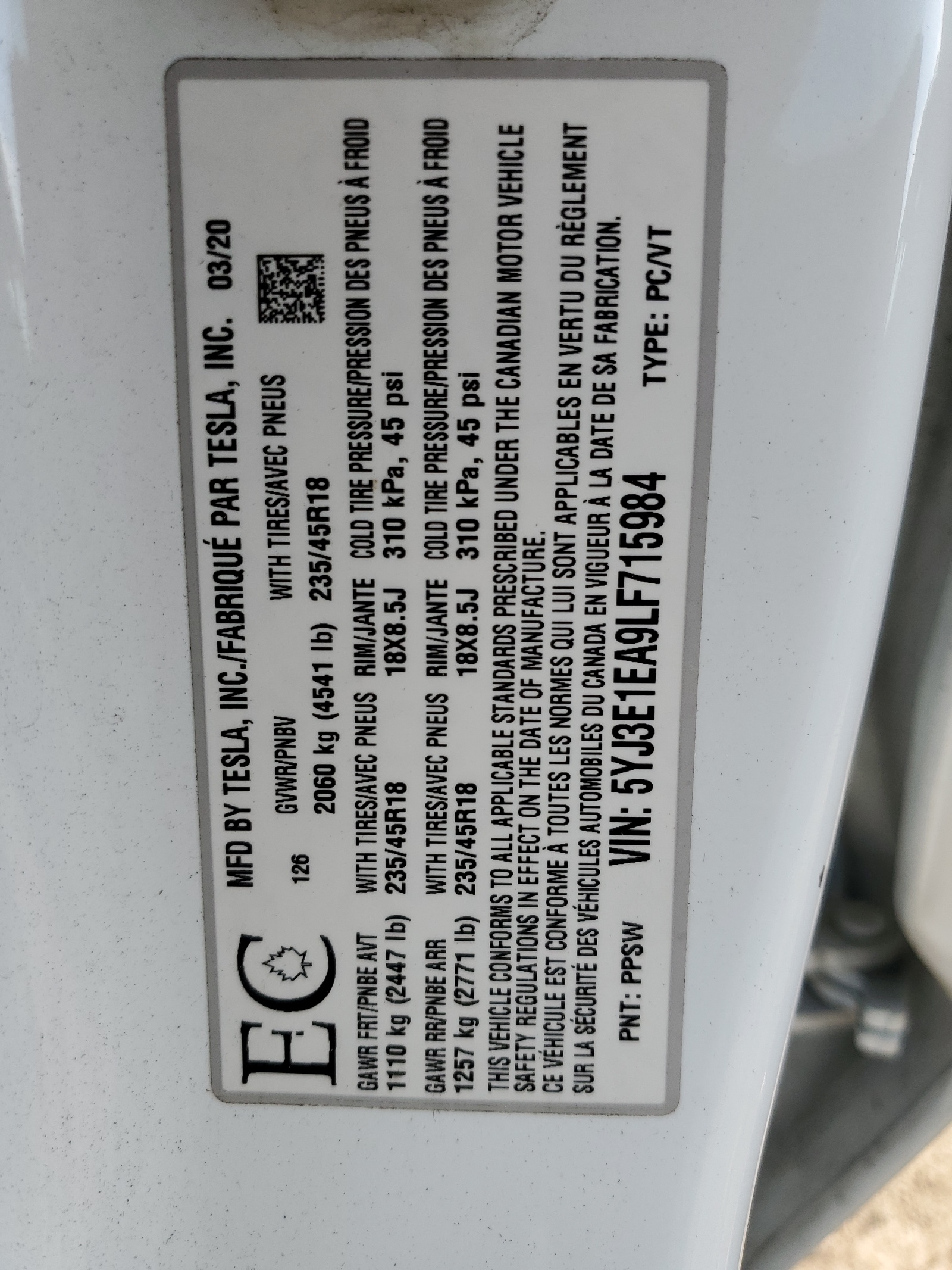 5YJ3E1EA9LF715984 2020 Tesla Model 3