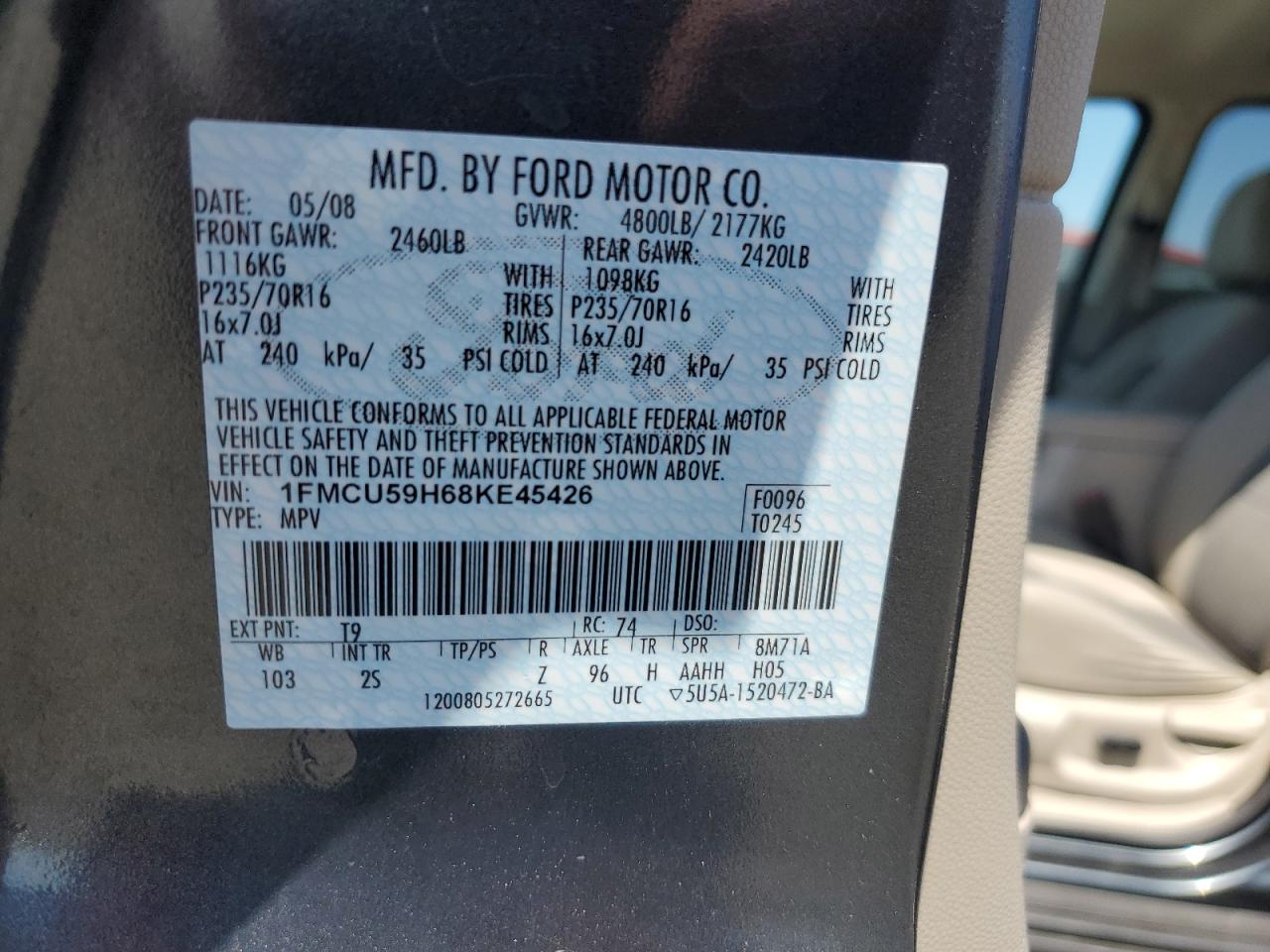 2008 Ford Escape Hev VIN: 1FMCU59H68KE45426 Lot: 69409844