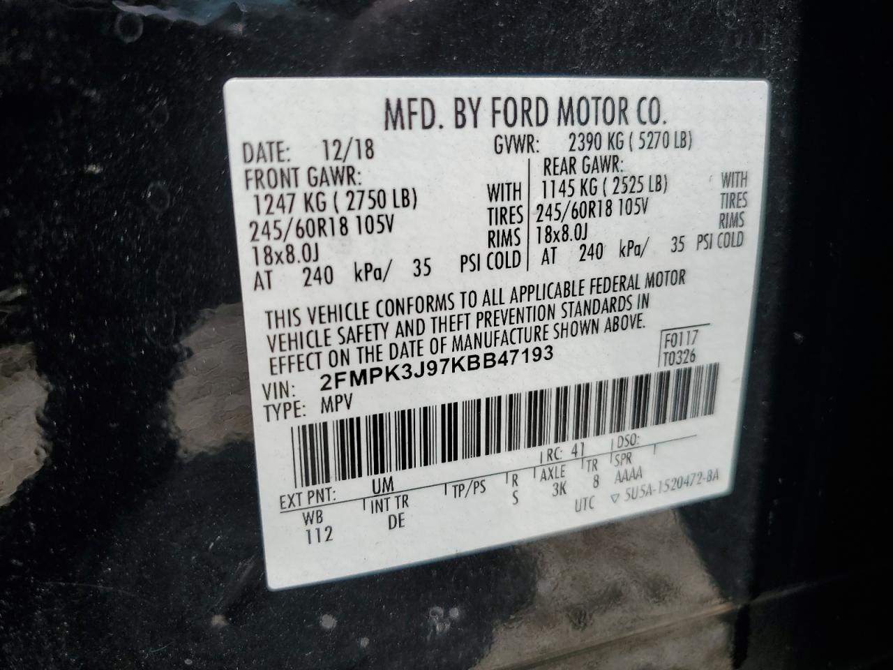 2019 Ford Edge Sel VIN: 2FMPK3J97KBB47193 Lot: 66704464