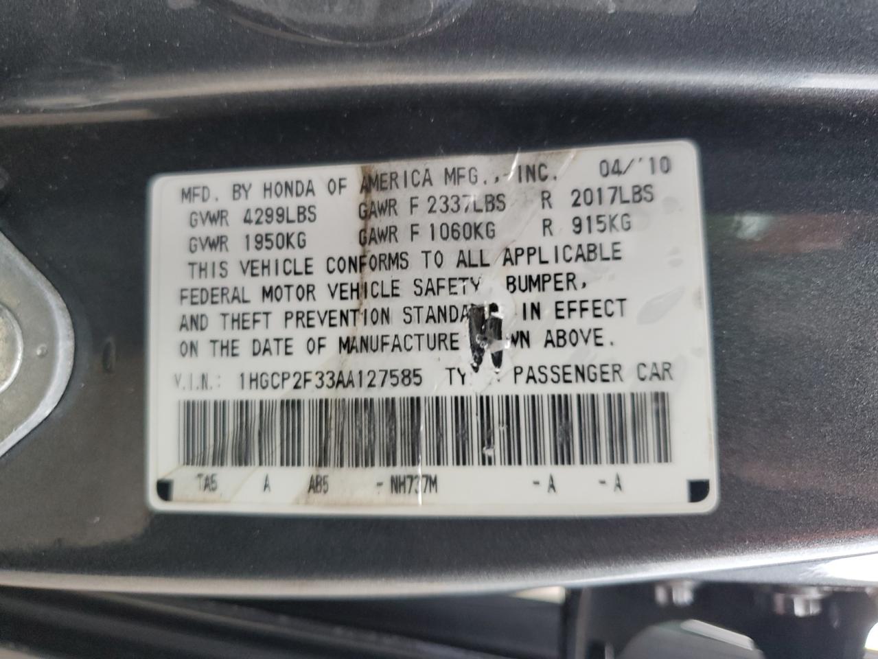 1HGCP2F33AA127585 2010 Honda Accord Lx