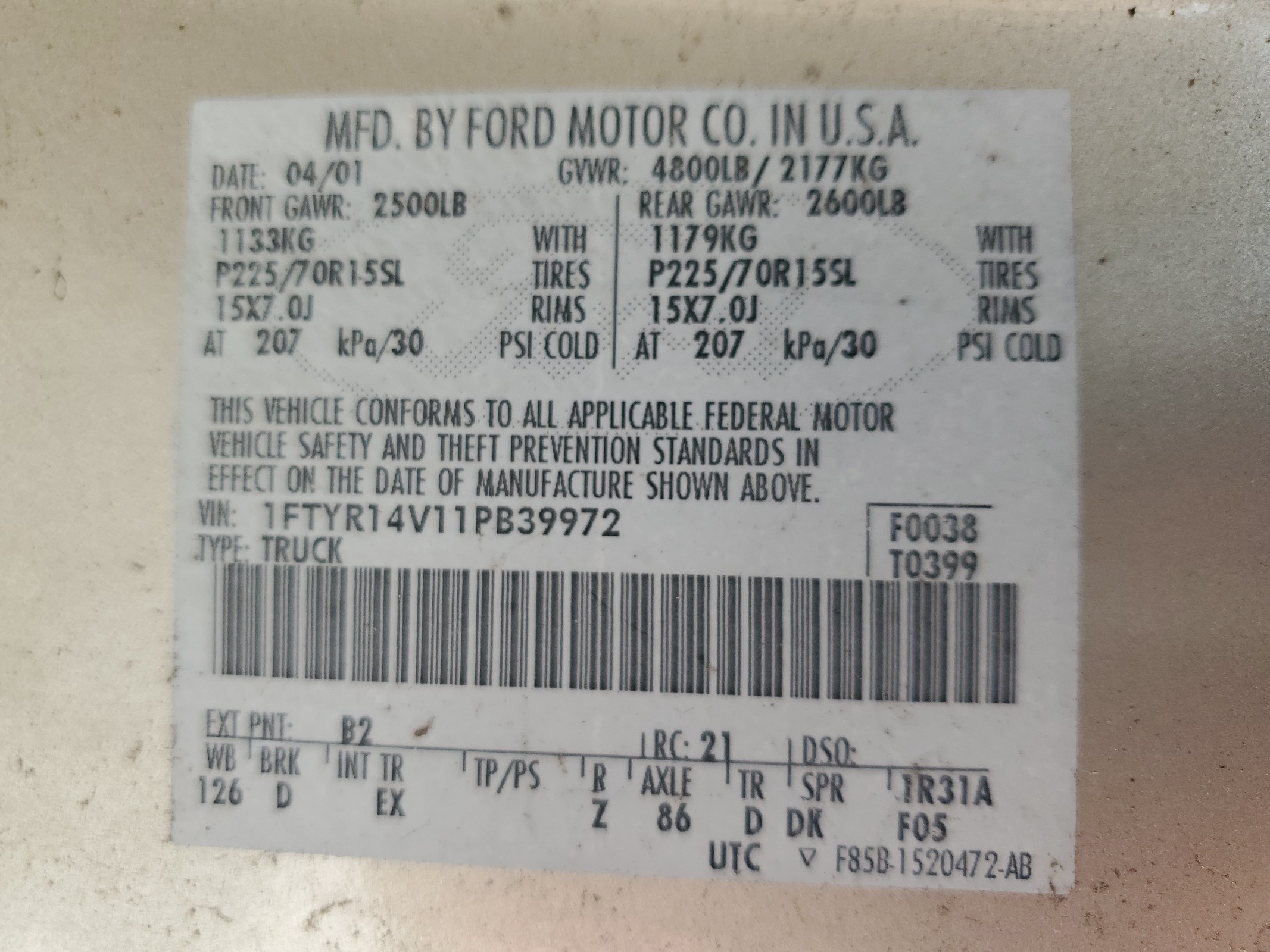 1FTYR14V11PB39972 2001 Ford Ranger Super Cab