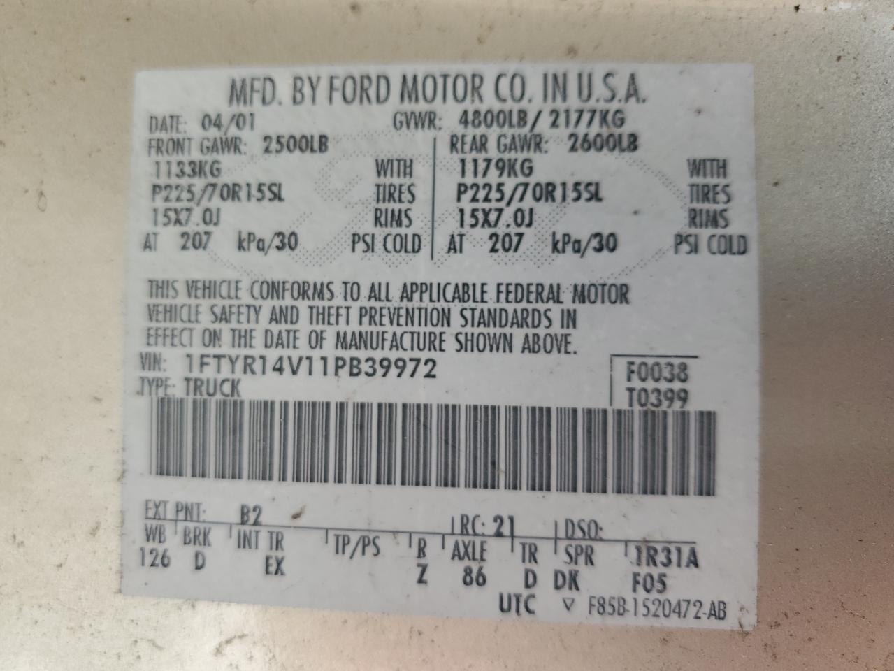 2001 Ford Ranger Super Cab VIN: 1FTYR14V11PB39972 Lot: 68207094