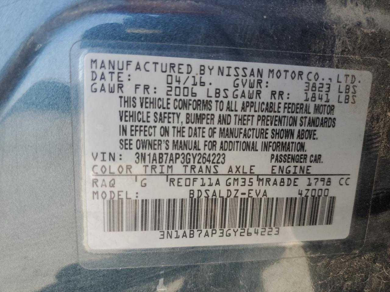 3N1AB7AP3GY264223 2016 Nissan Sentra S