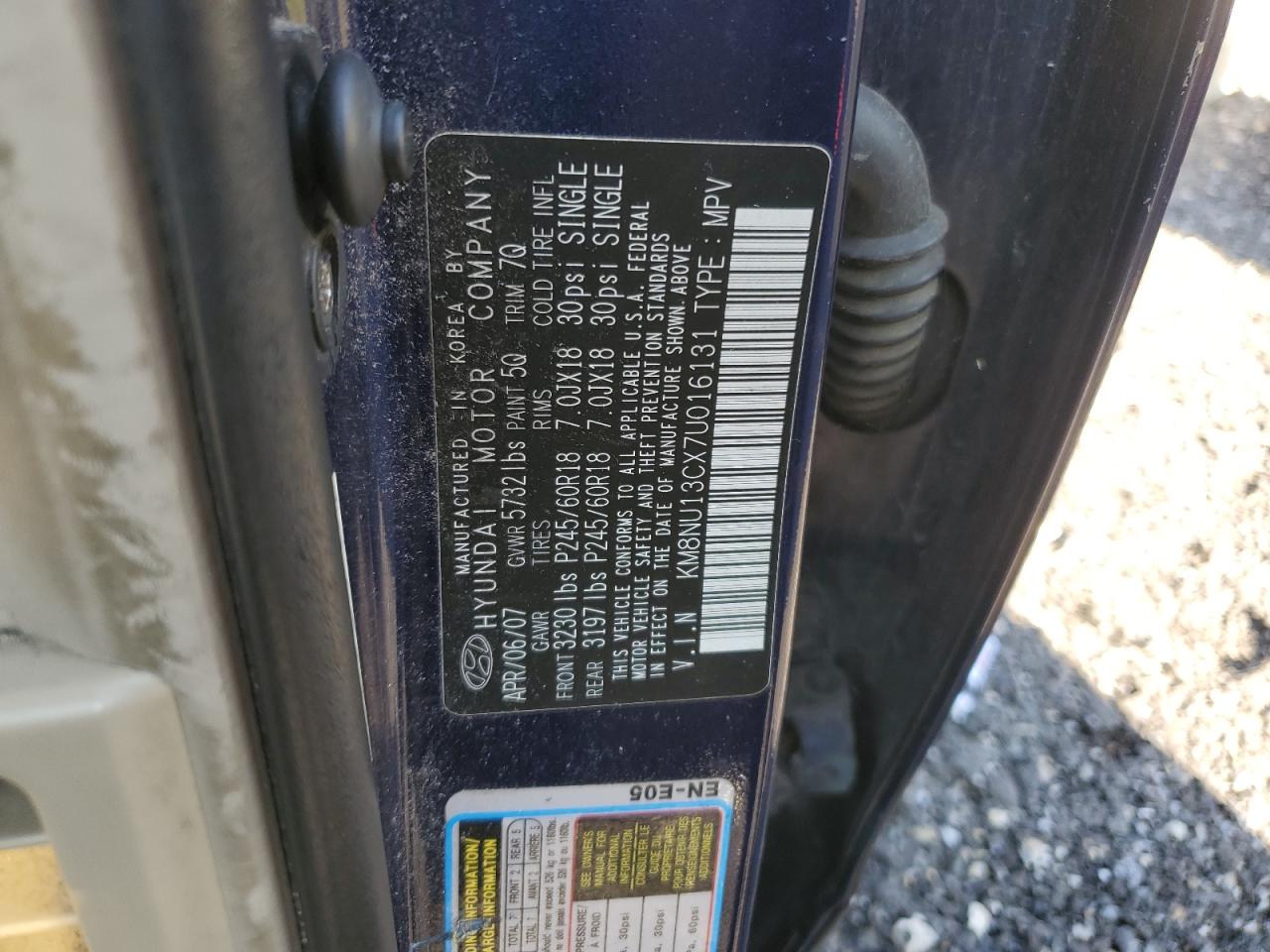 2007 Hyundai Veracruz Gls VIN: KM8NU13CX7U016131 Lot: 68660794