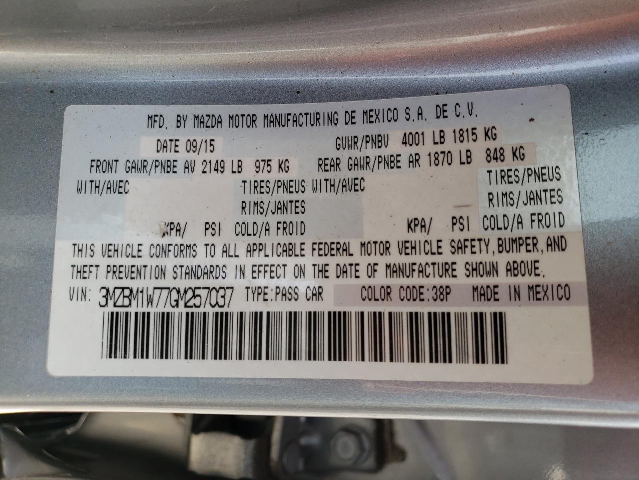 2016 Mazda 3 Touring VIN: 3MZBM1W77GM257037 Lot: 68690084