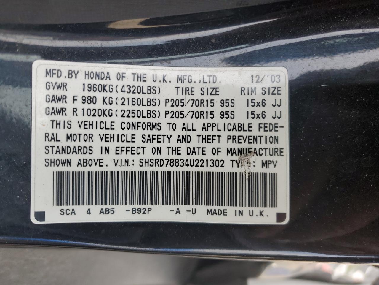 2004 Honda Cr-V Ex VIN: SHSRD78834U221302 Lot: 65330294