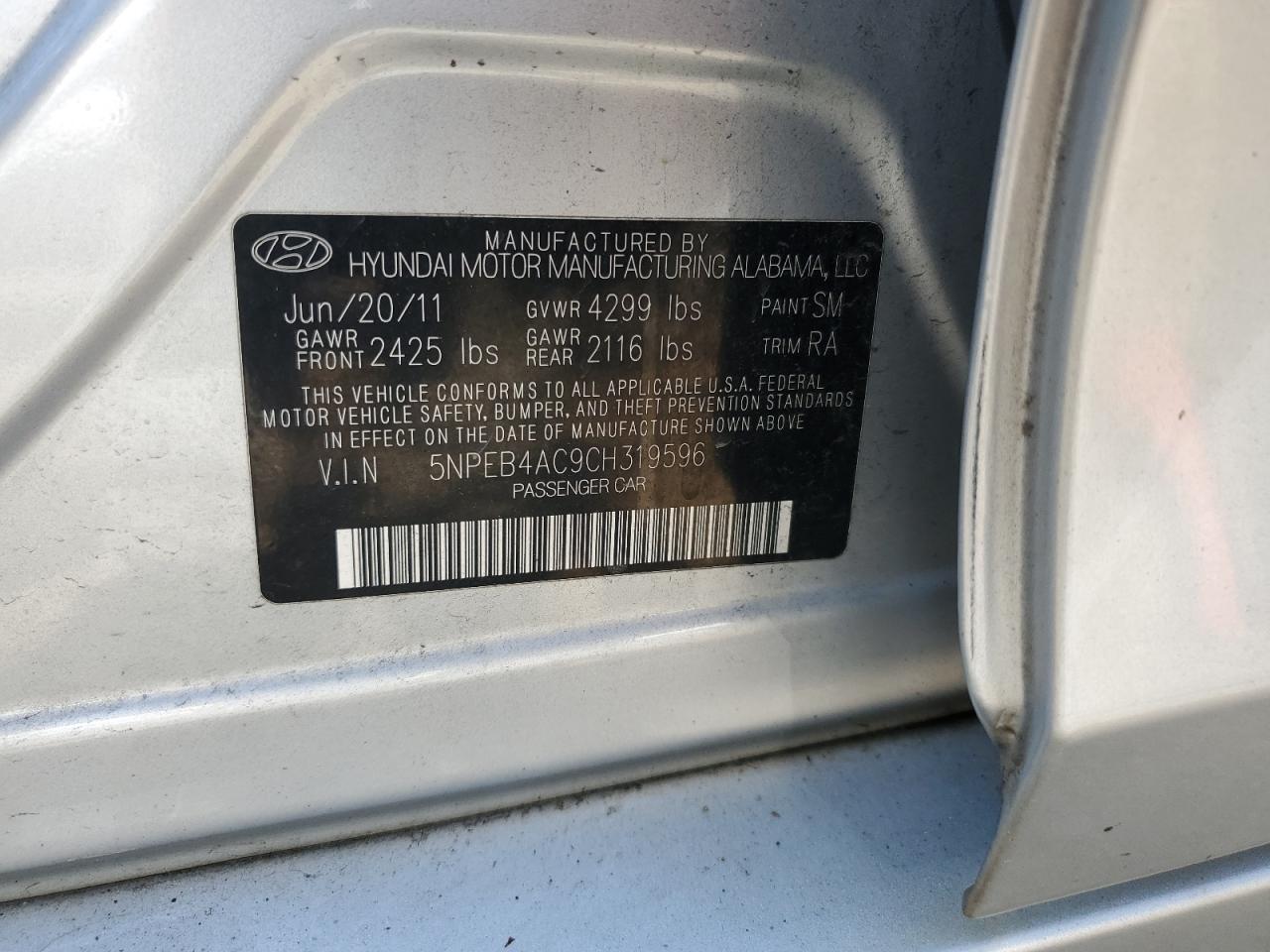 5NPEB4AC9CH319596 2012 Hyundai Sonata Gls