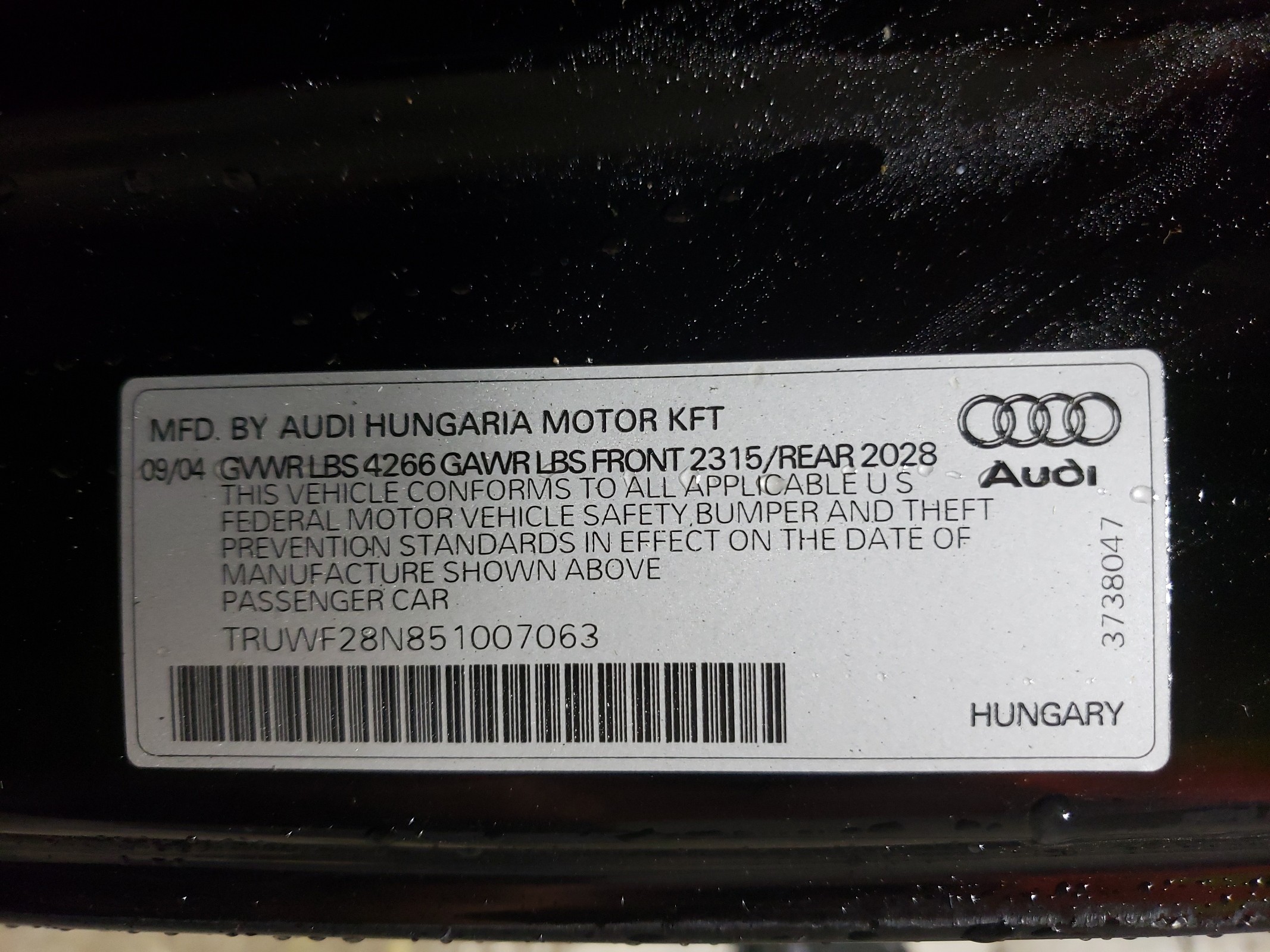 TRUWF28N851007063 2005 Audi Tt 3.2 Quattro