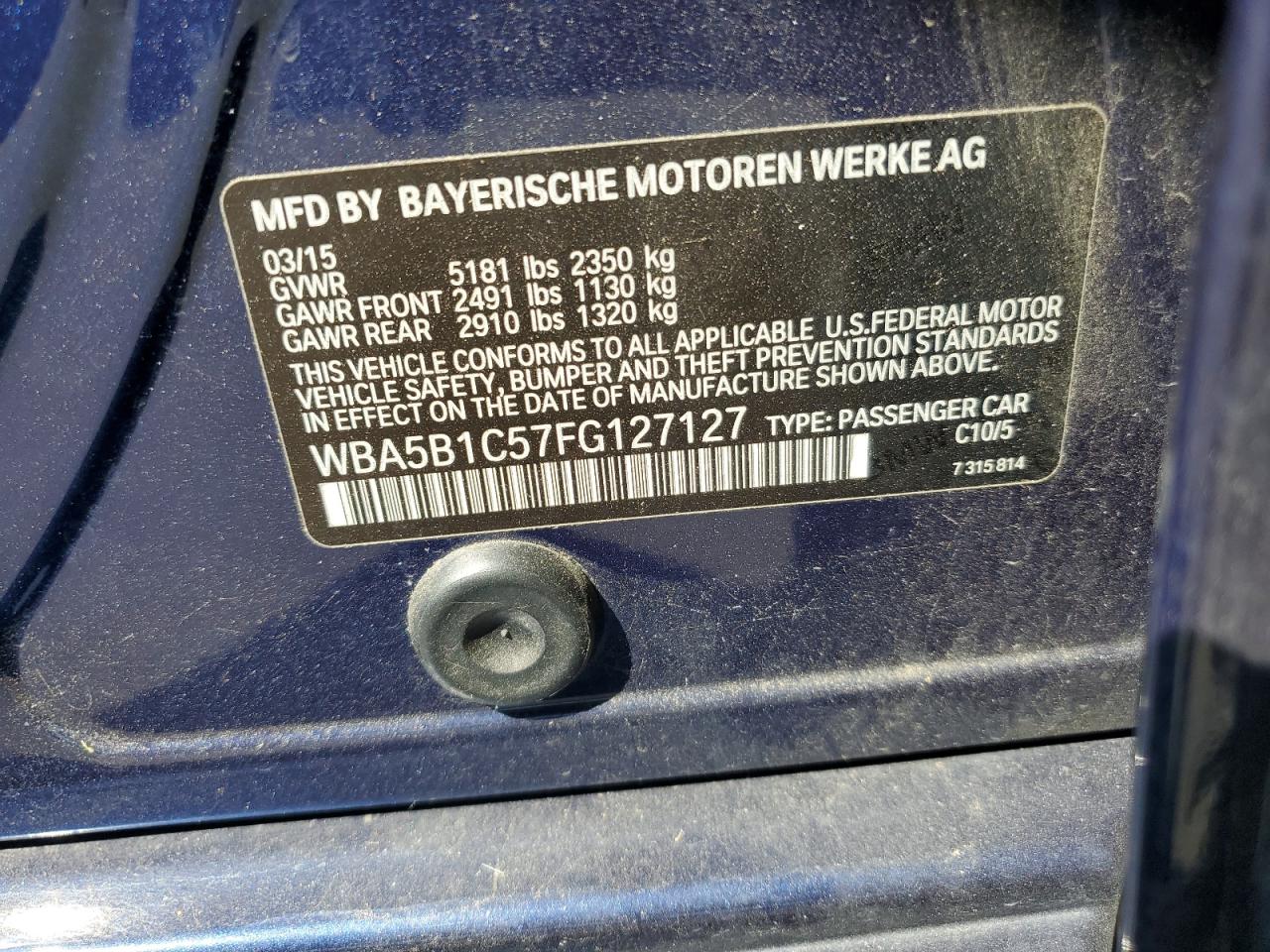 2015 BMW 535 I VIN: WBA5B1C57FG127127 Lot: 65863194