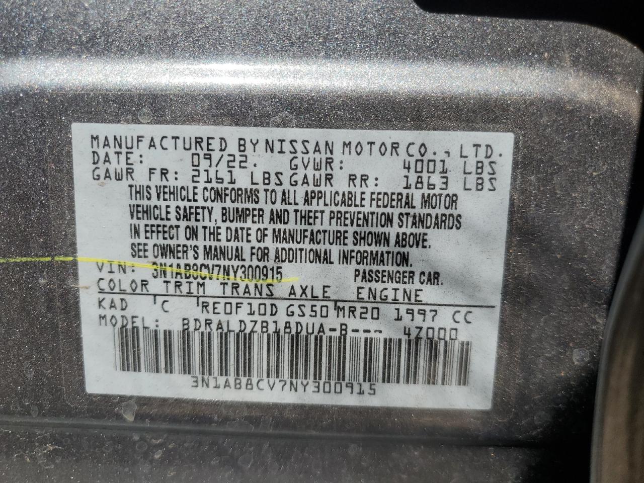 3N1AB8CV7NY300915 2022 Nissan Sentra Sv