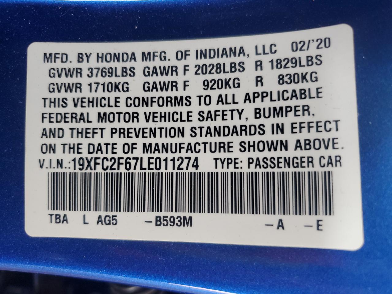 2020 Honda Civic Lx VIN: 19XFC2F67LE011274 Lot: 69222254