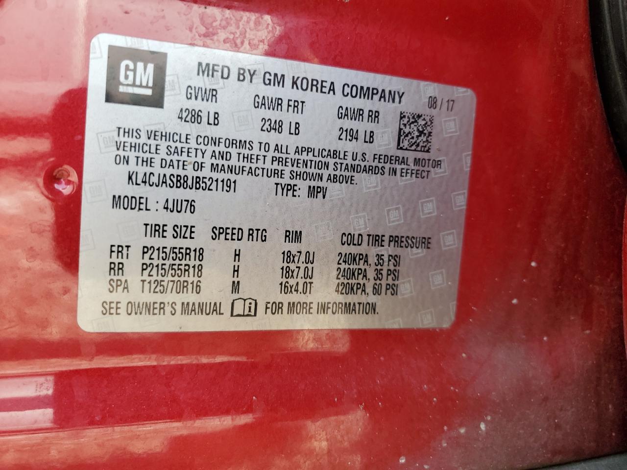 2018 Buick Encore Preferred VIN: KL4CJASB8JB521191 Lot: 65522384