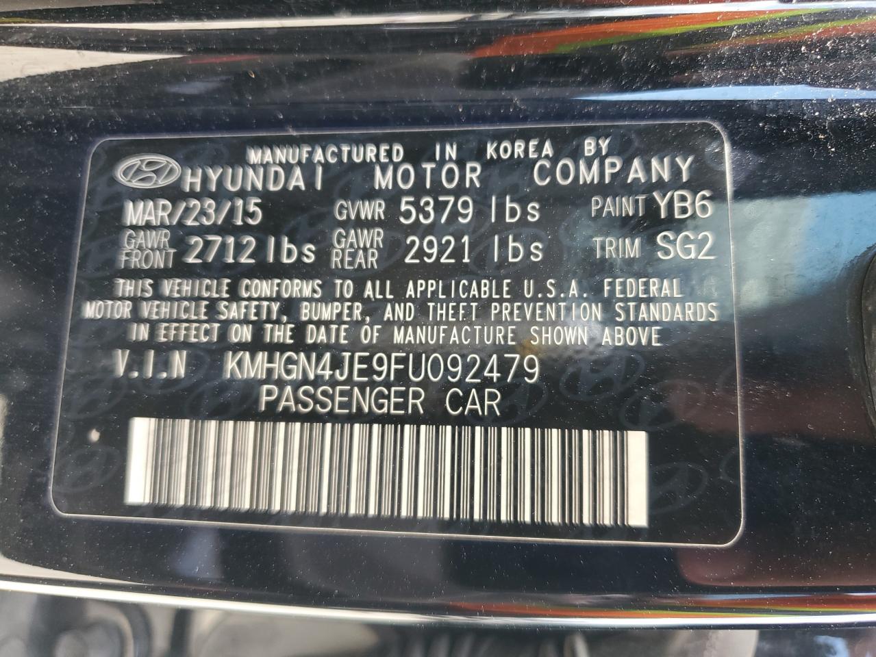 KMHGN4JE9FU092479 2015 Hyundai Genesis 3.8L