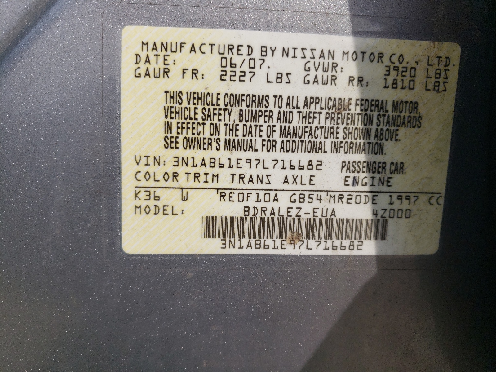 3N1AB61E97L716682 2007 Nissan Sentra 2.0