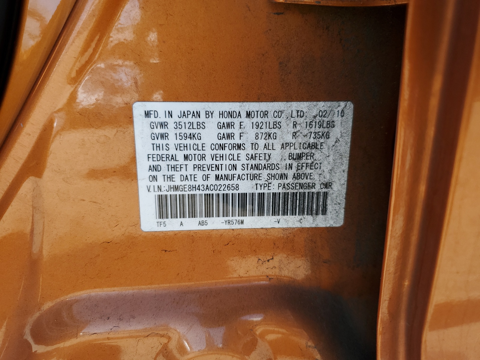 JHMGE8H43AC022658 2010 Honda Fit Sport