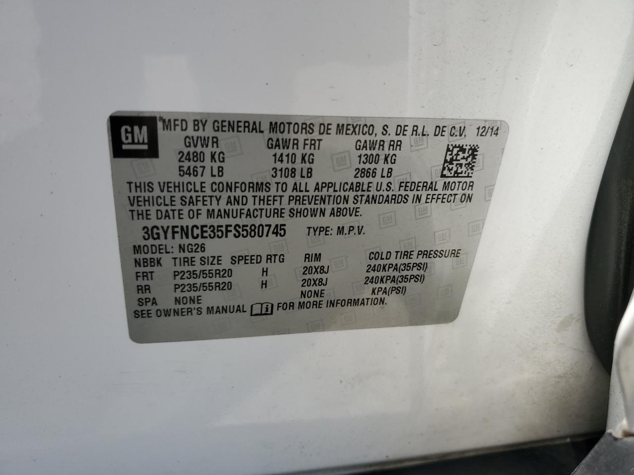 3GYFNCE35FS580745 2015 Cadillac Srx Performance Collection