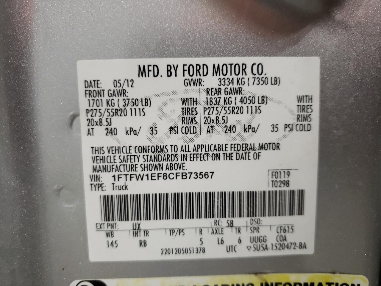 1FTFW1EF8CFB73567 2012 Ford F150 Supercrew