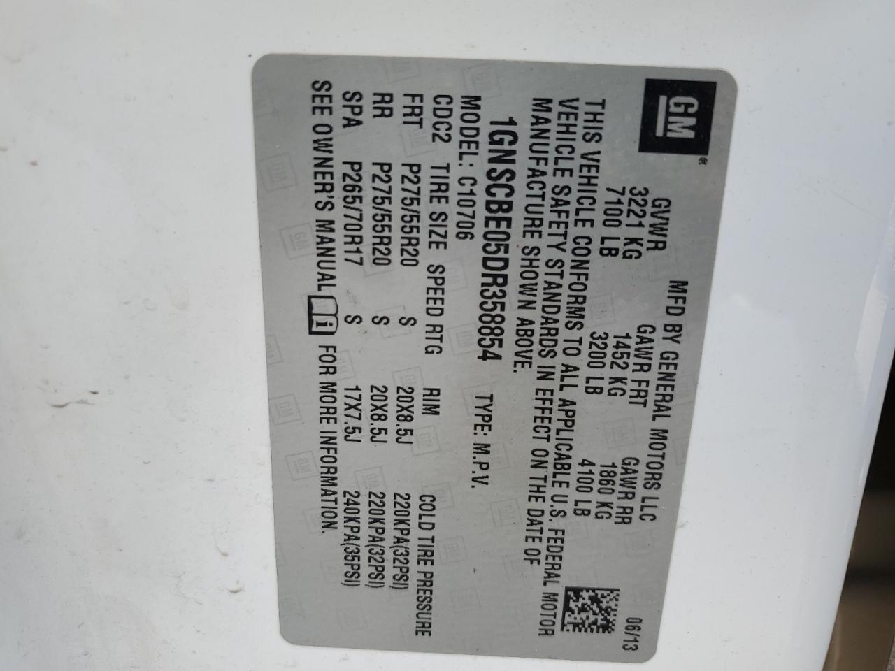 2013 Chevrolet Tahoe C1500 Lt VIN: 1GNSCBE05DR358854 Lot: 69297254