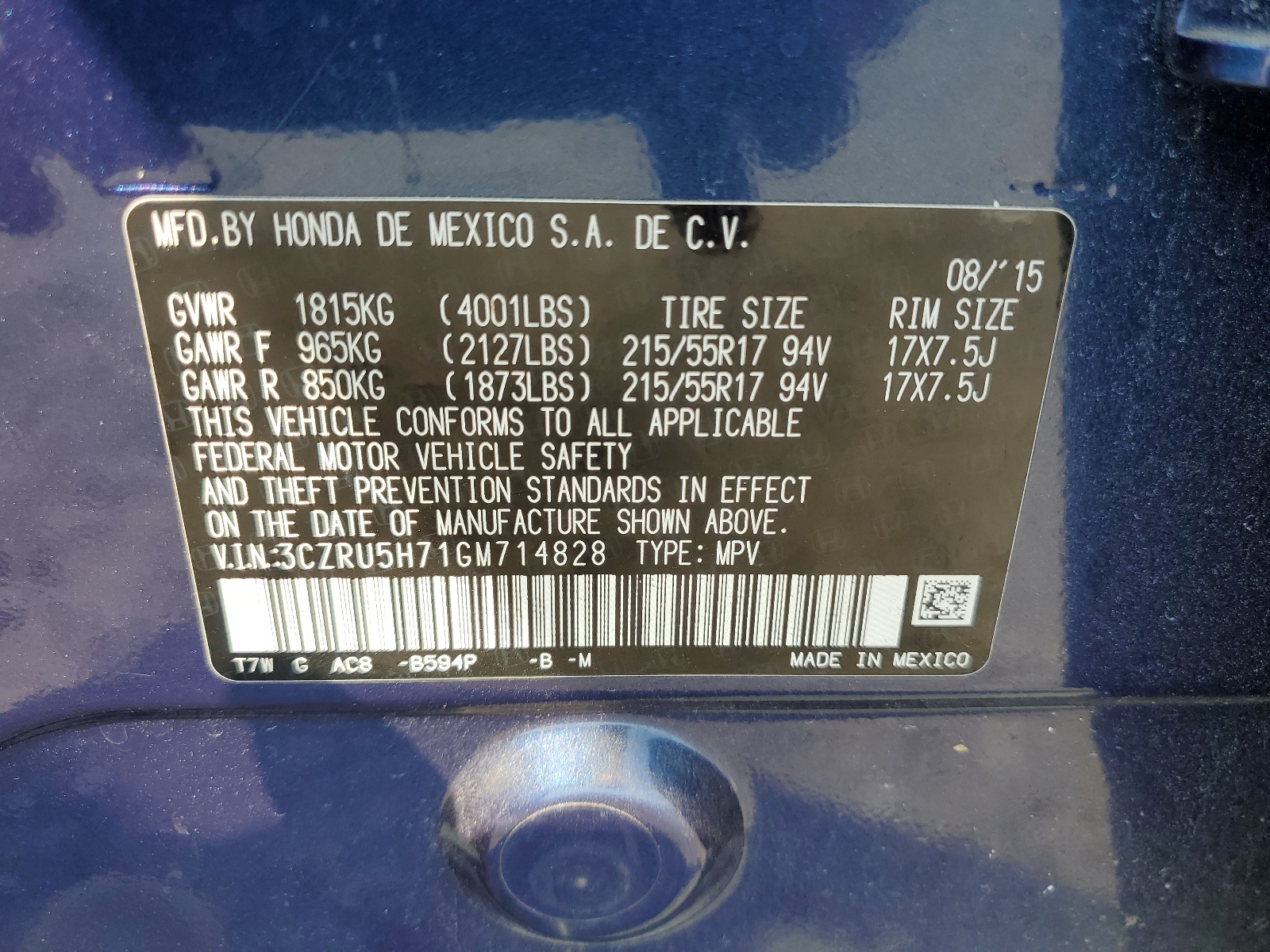3CZRU5H71GM714828 2016 Honda Hr-V Exl