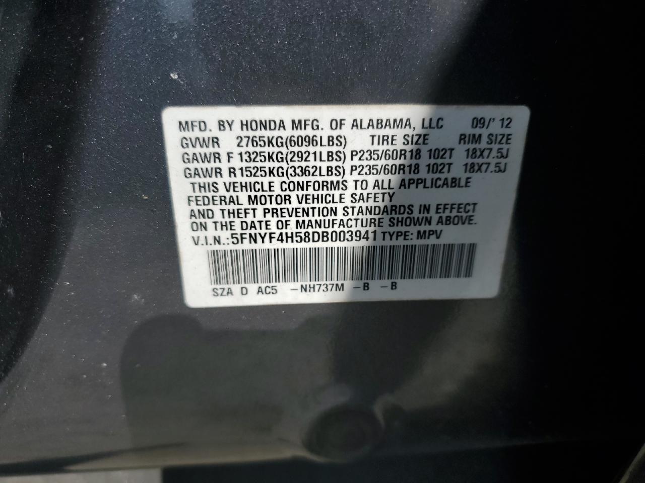 2013 Honda Pilot Exl VIN: 5FNYF4H58DB003941 Lot: 67253364