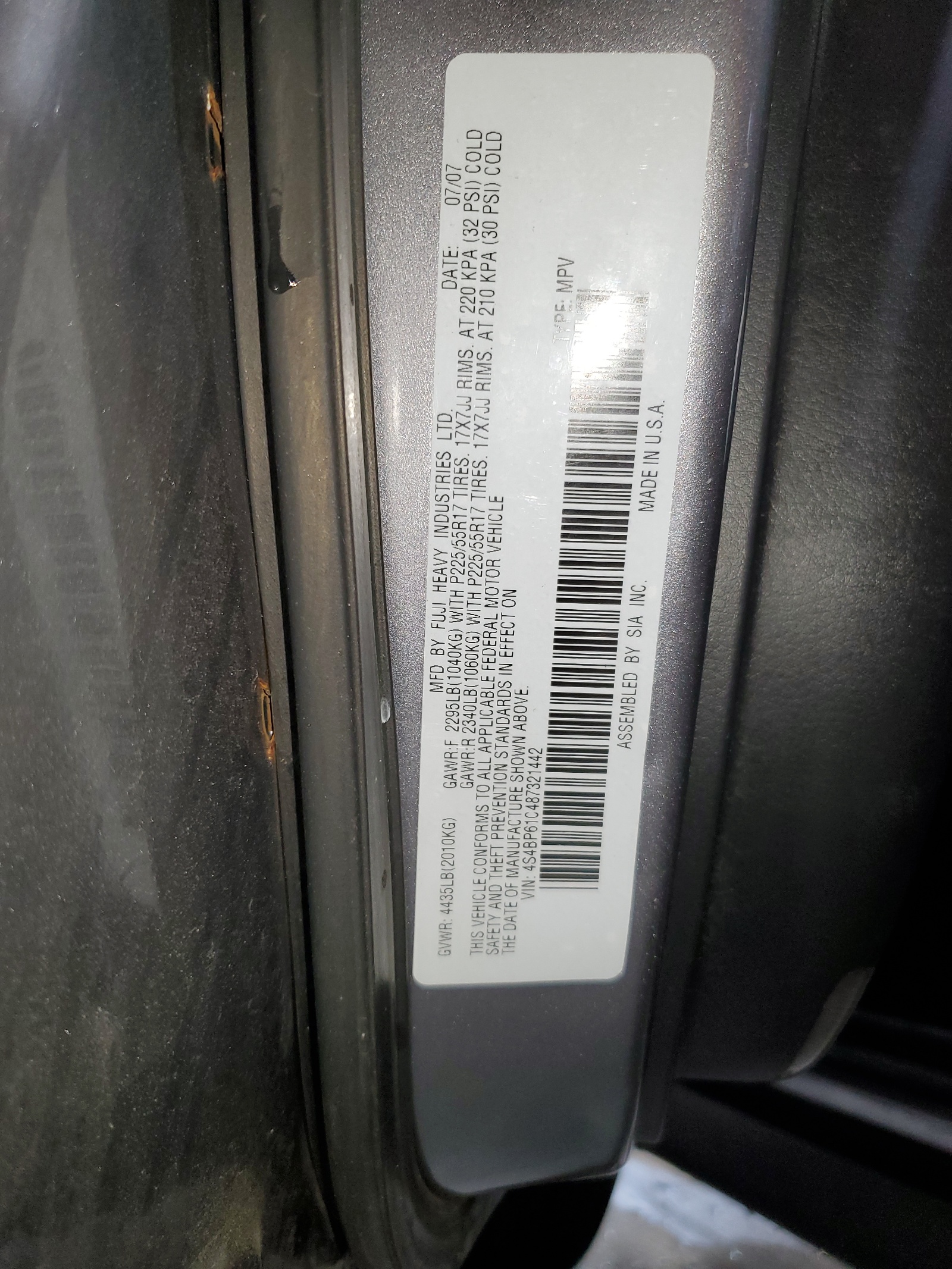 4S4BP61C487321442 2008 Subaru Outback 2.5I