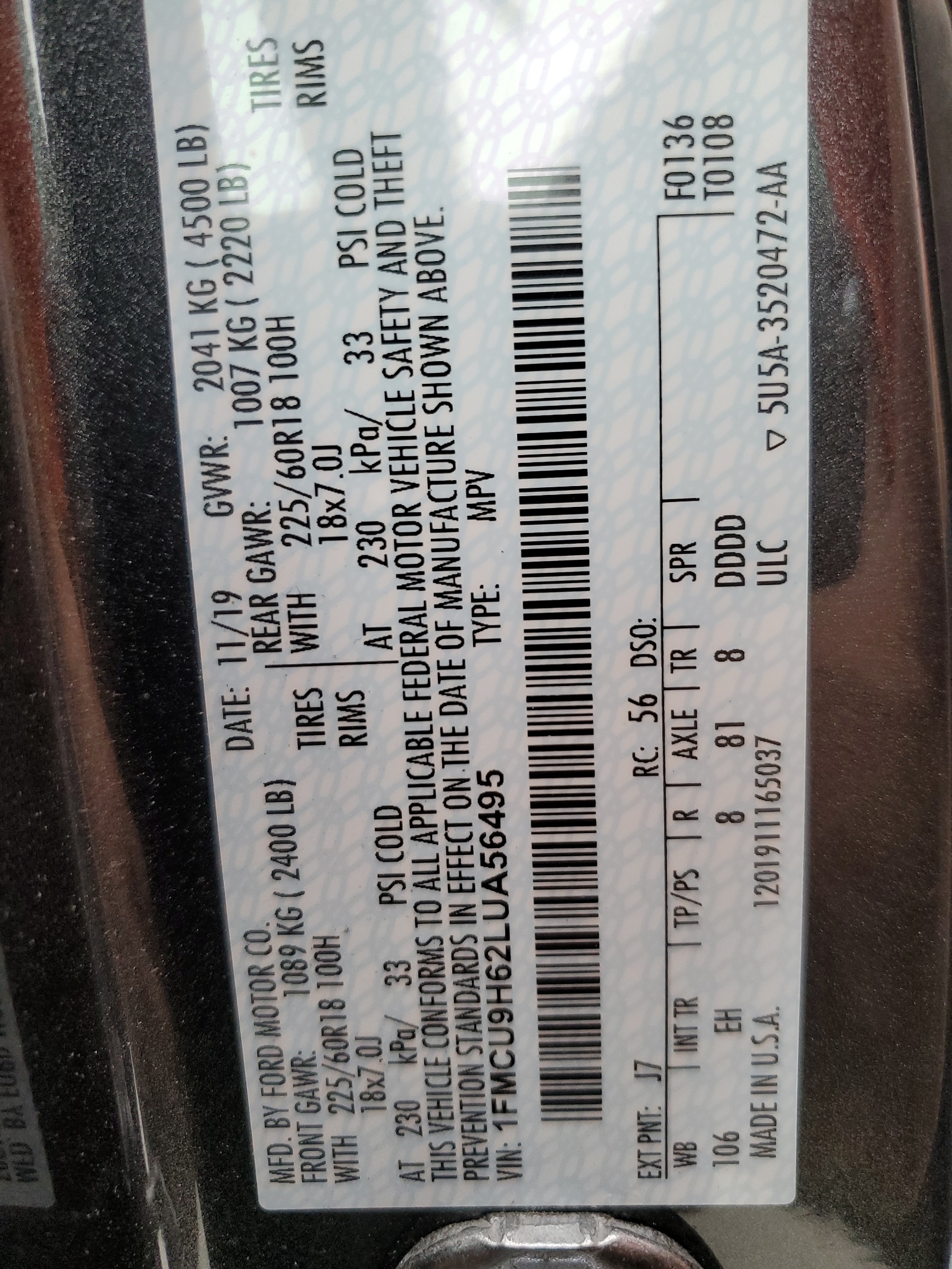 1FMCU9H62LUA56495 2020 Ford Escape Sel