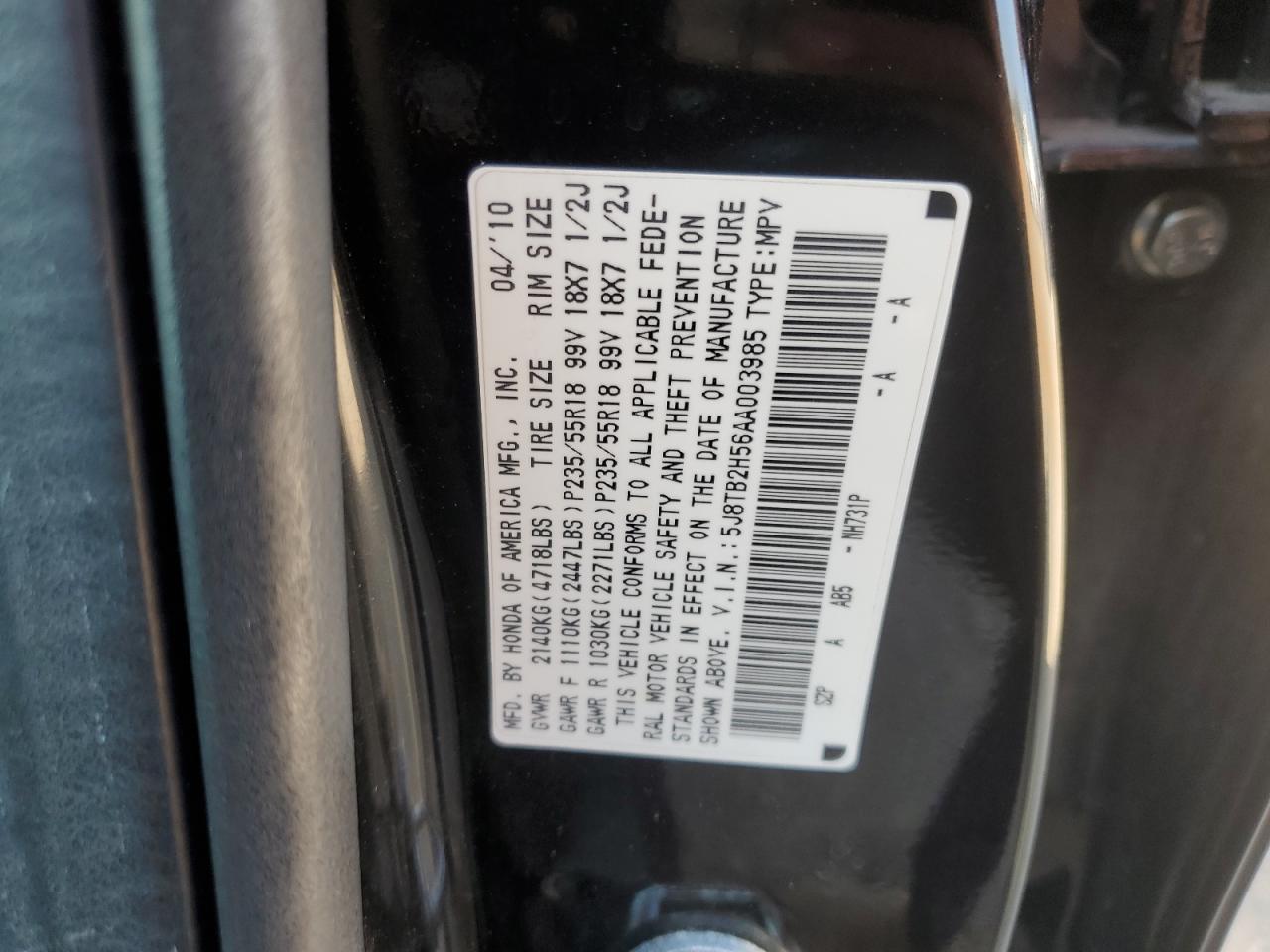 2010 Acura Rdx Technology VIN: 5J8TB2H56AA003985 Lot: 65982994