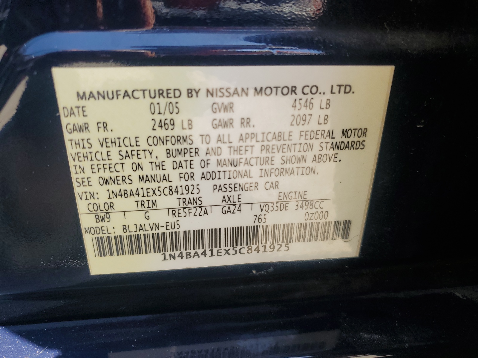 1N4BA41EX5C841925 2005 Nissan Maxima Se