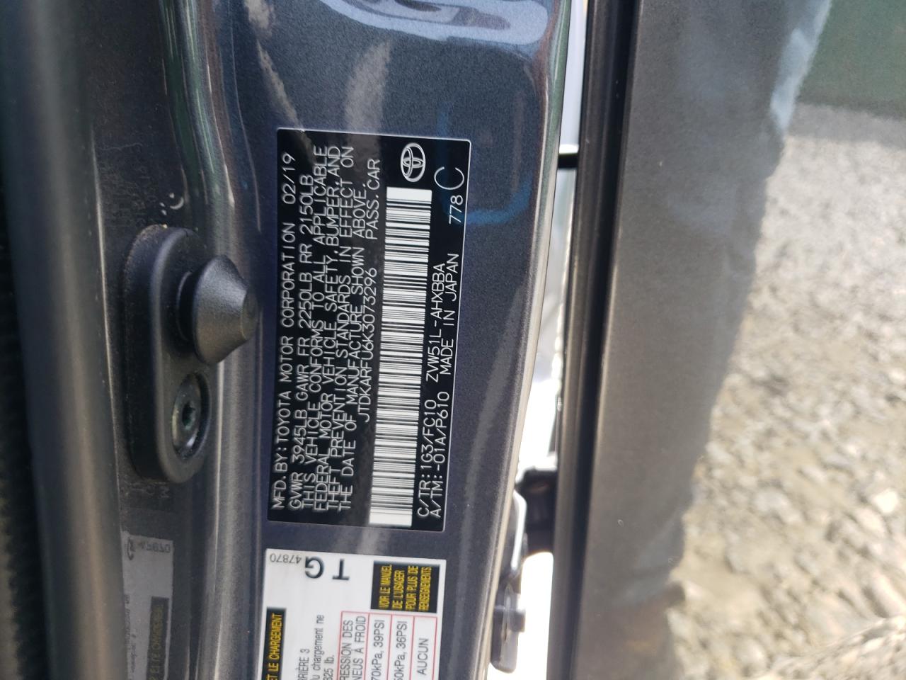 2019 Toyota Prius VIN: JTDKARFU6K3073296 Lot: 65219804