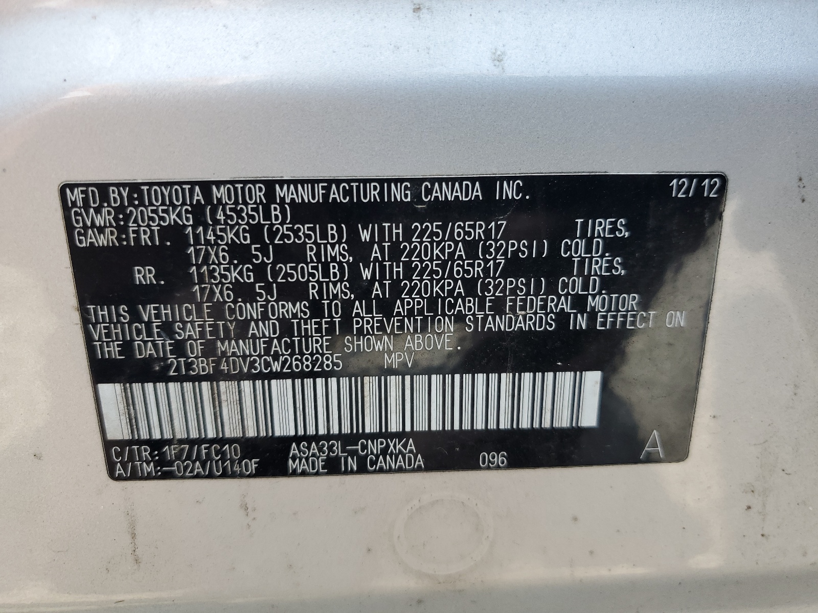 2012 Toyota Rav4 vin: 2T3BF4DV3CW268285