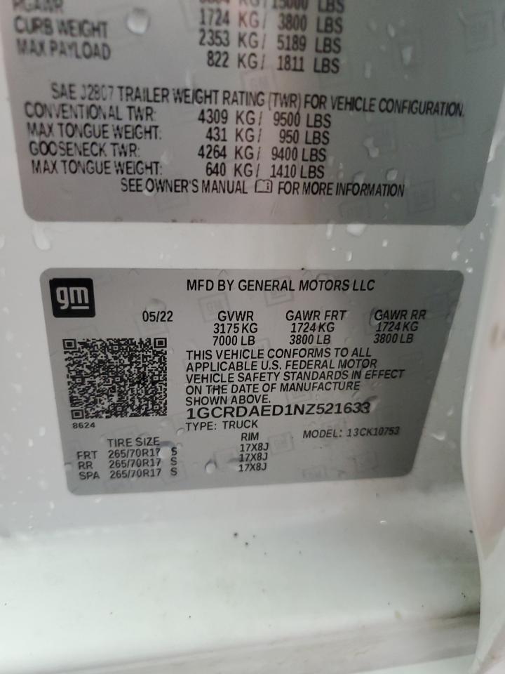 2022 Chevrolet Silverado K1500 VIN: 1GCRDAED1NZ521633 Lot: 66803274