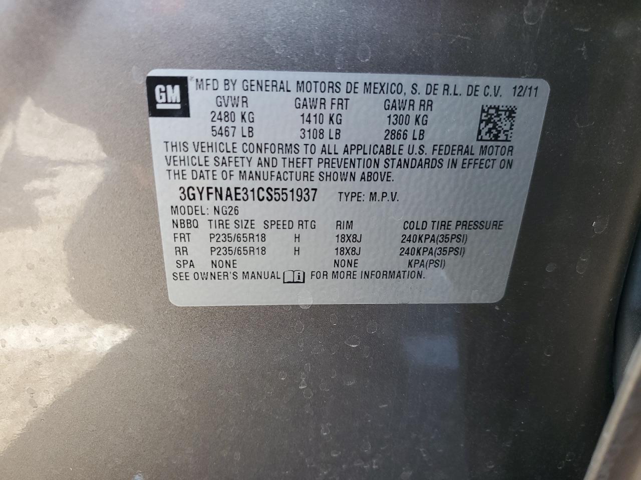 2012 Cadillac Srx Luxury Collection VIN: 3GYFNAE31CS551937 Lot: 66211294