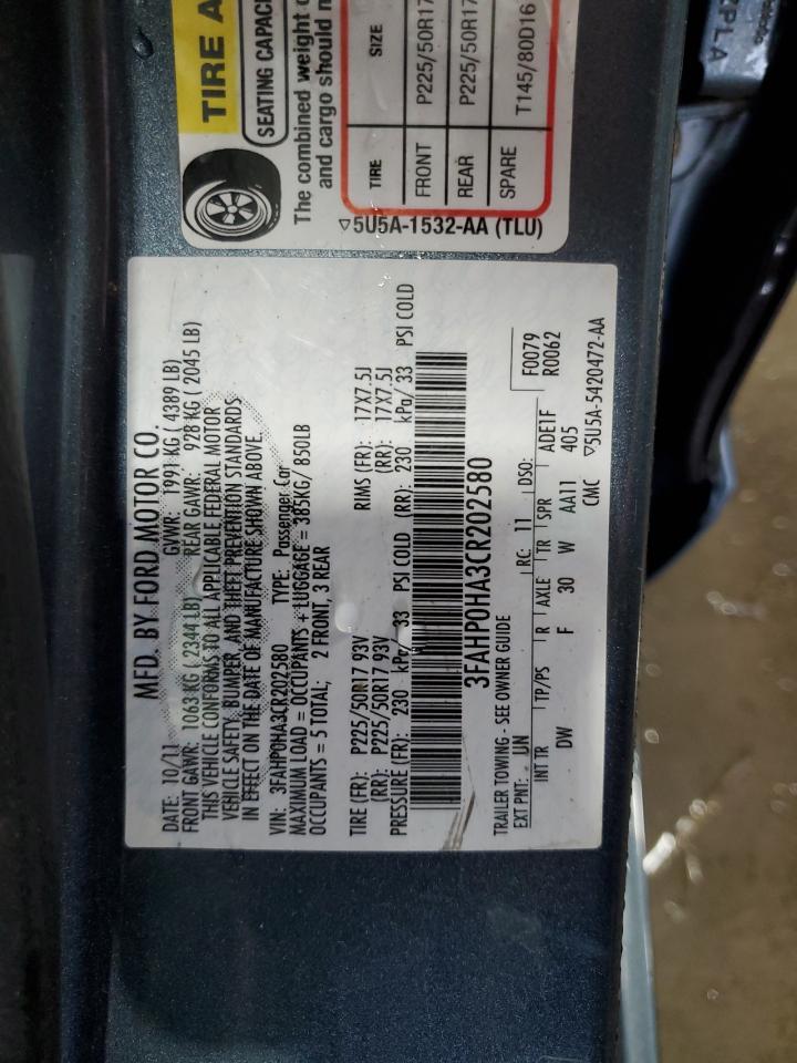 2012 Ford Fusion Se VIN: 3FAHP0HA3CR202580 Lot: 65561124