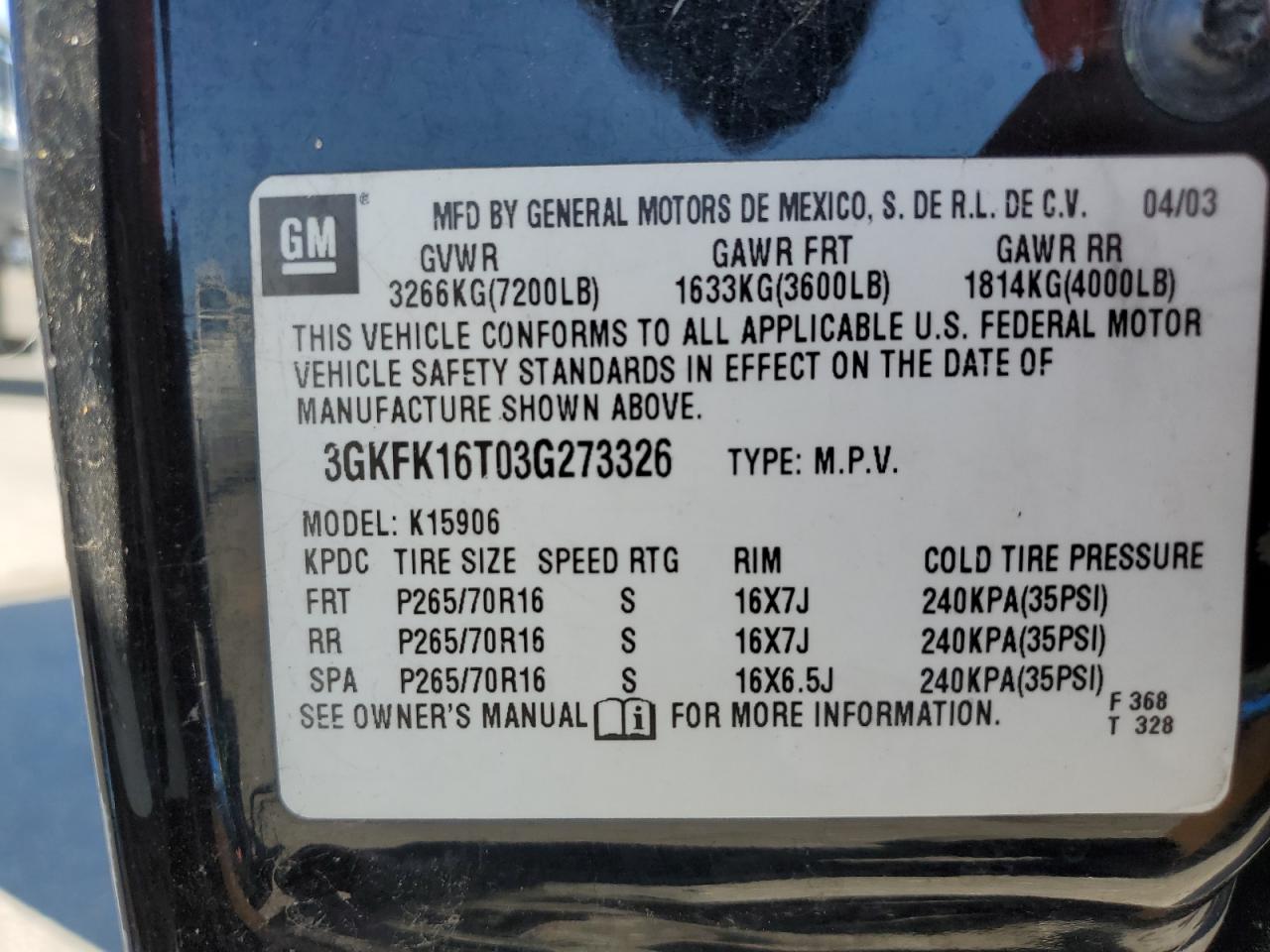 3GKFK16T03G273326 2003 GMC Yukon Xl K1500