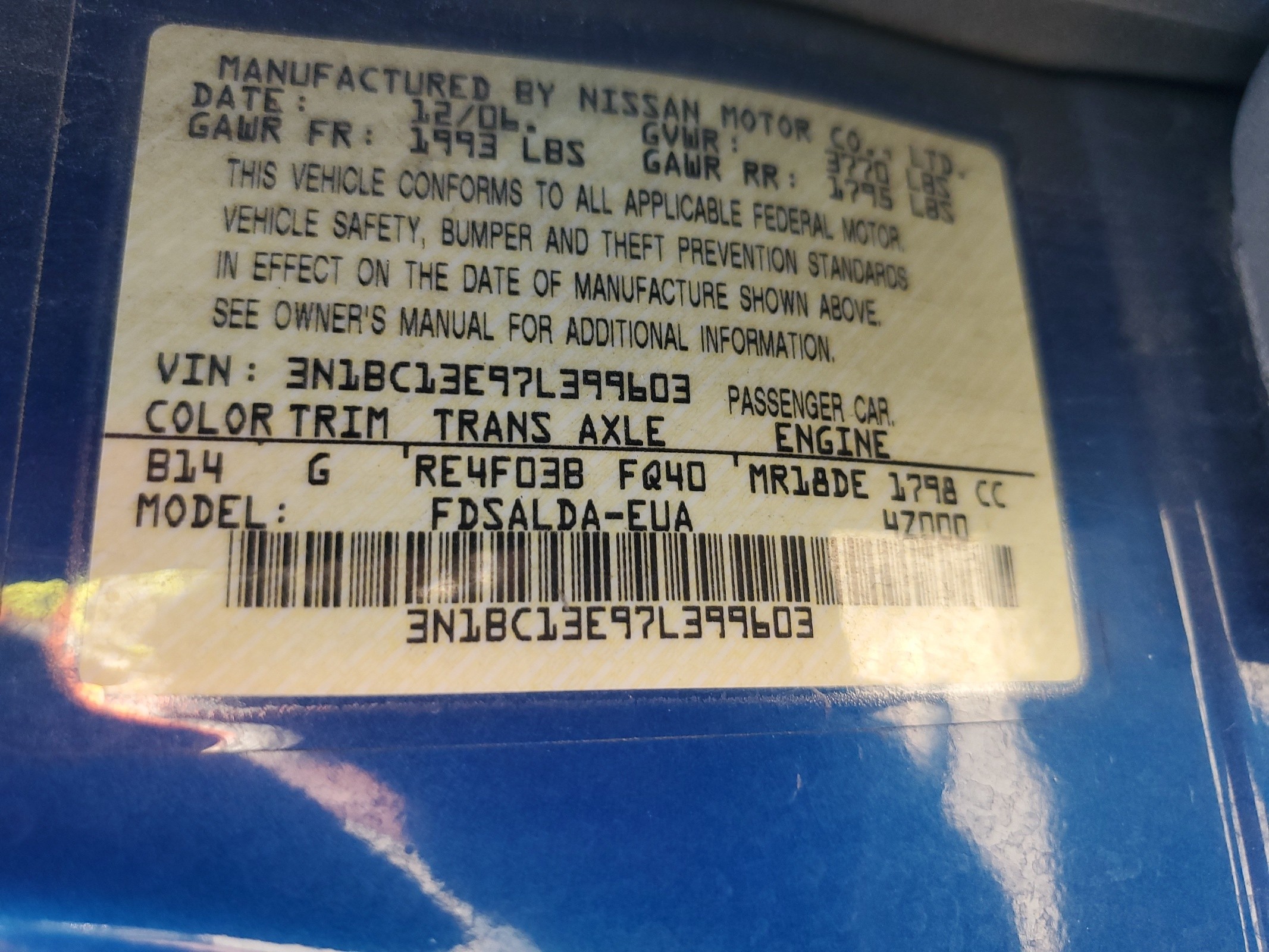 3N1BC13E97L399603 2007 Nissan Versa S