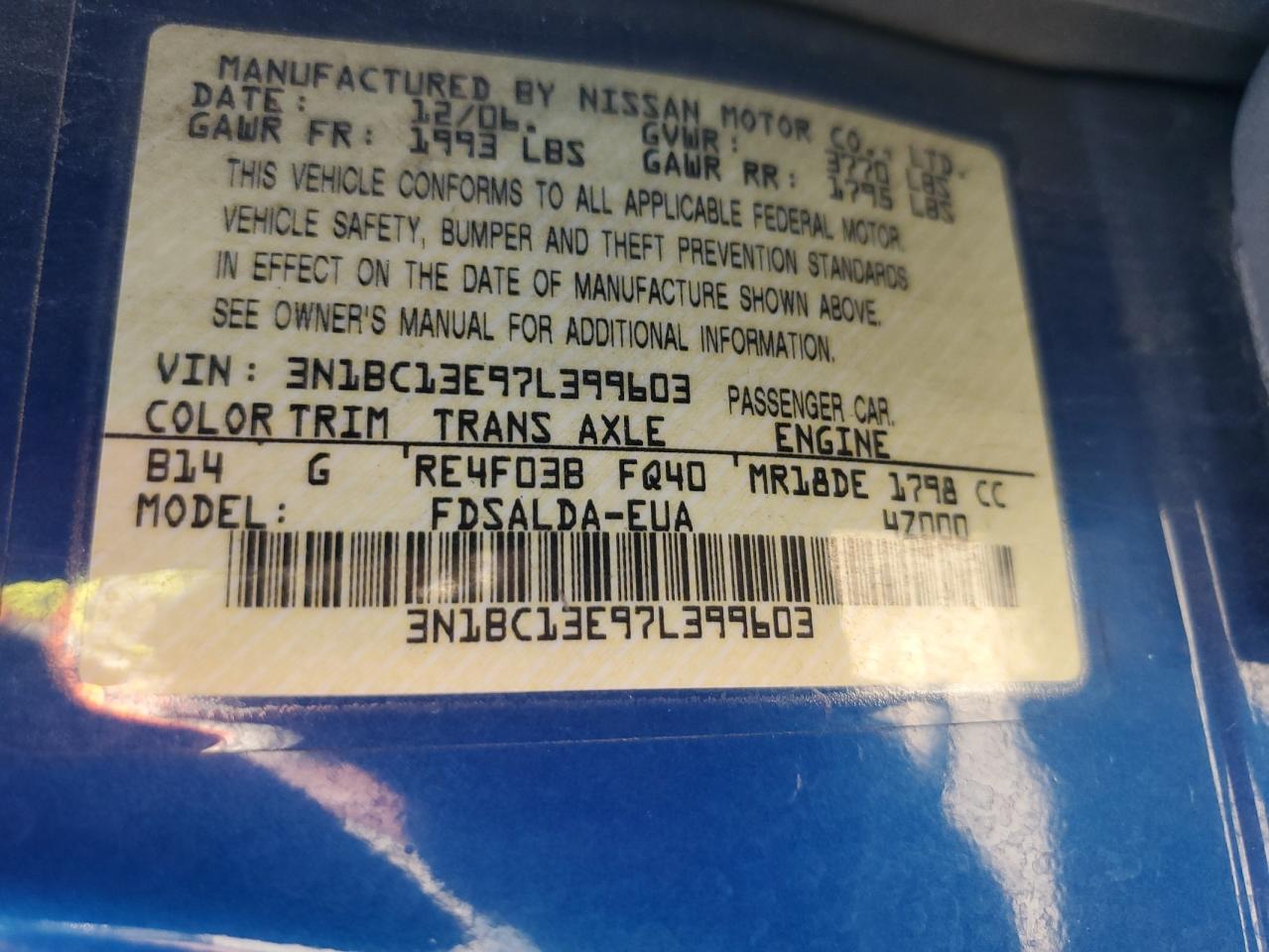 2007 Nissan Versa S VIN: 3N1BC13E97L399603 Lot: 67142754