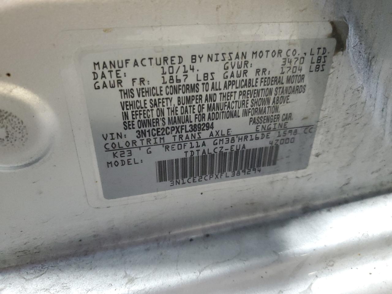 3N1CE2CPXFL389294 2015 Nissan Versa Note S