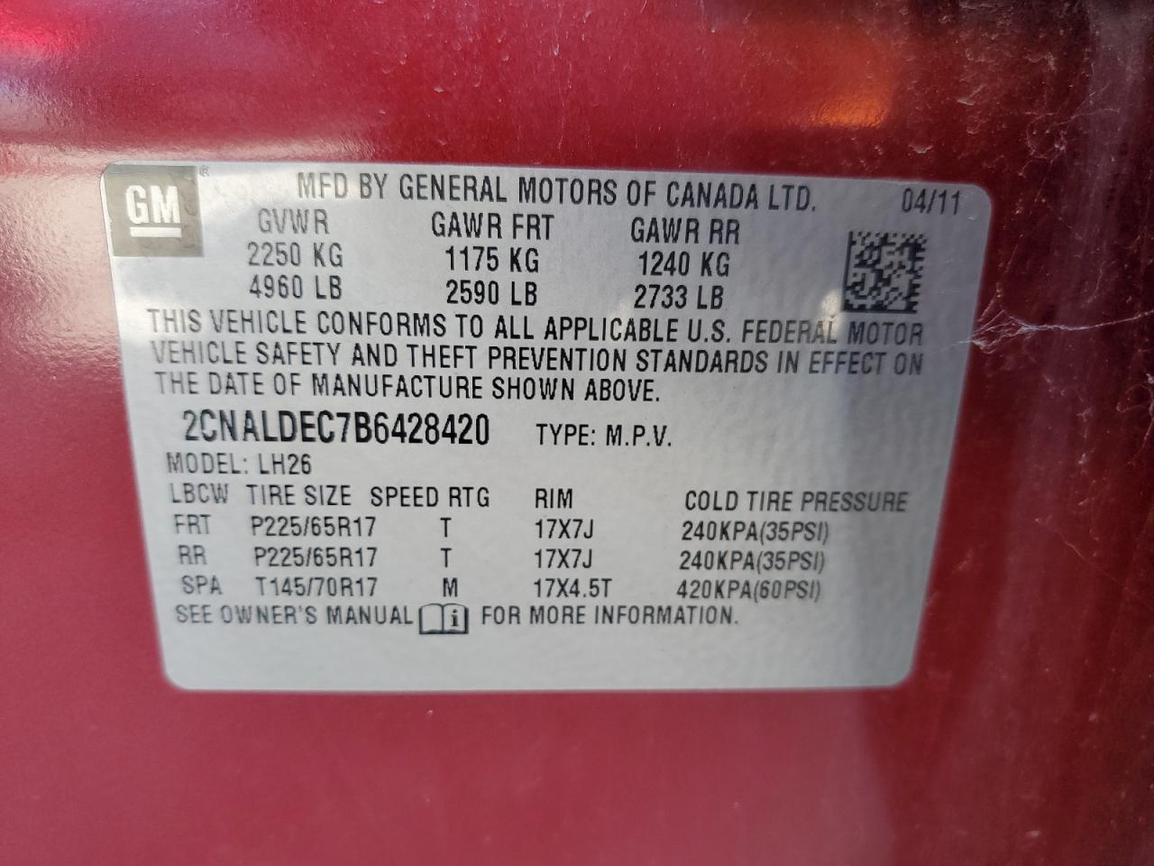 2CNALDEC7B6428420 2011 Chevrolet Equinox Lt