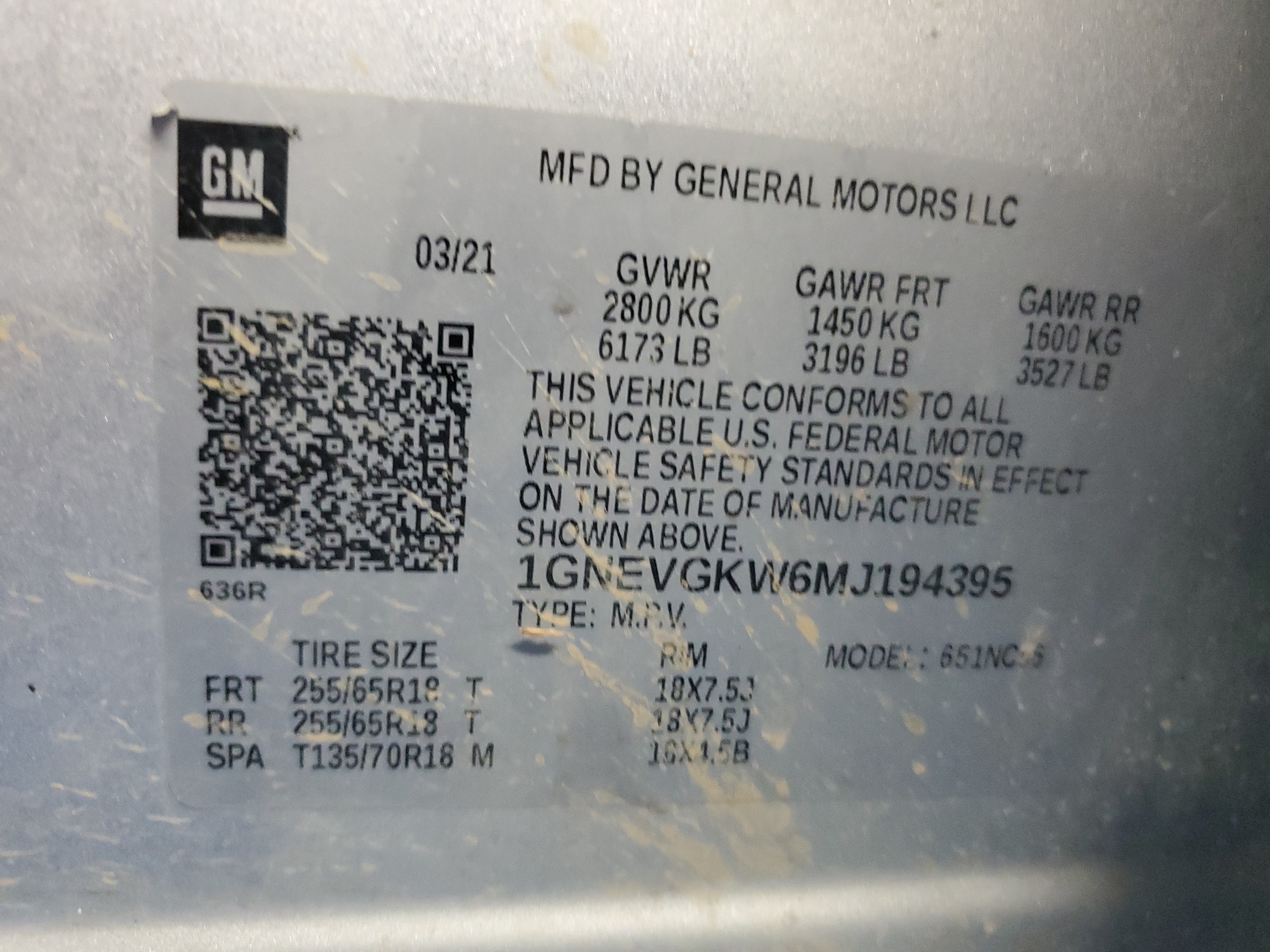 1GNEVGKW6MJ194395 2021 Chevrolet Traverse Lt