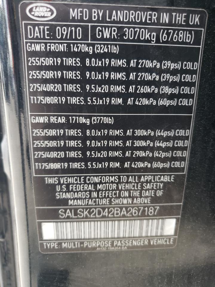 2011 Land Rover Range Rover Sport Lux VIN: SALSK2D42BA267187 Lot: 66109814
