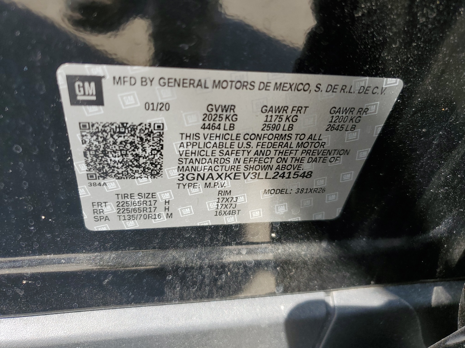 3GNAXKEV3LL241548 2020 Chevrolet Equinox Lt