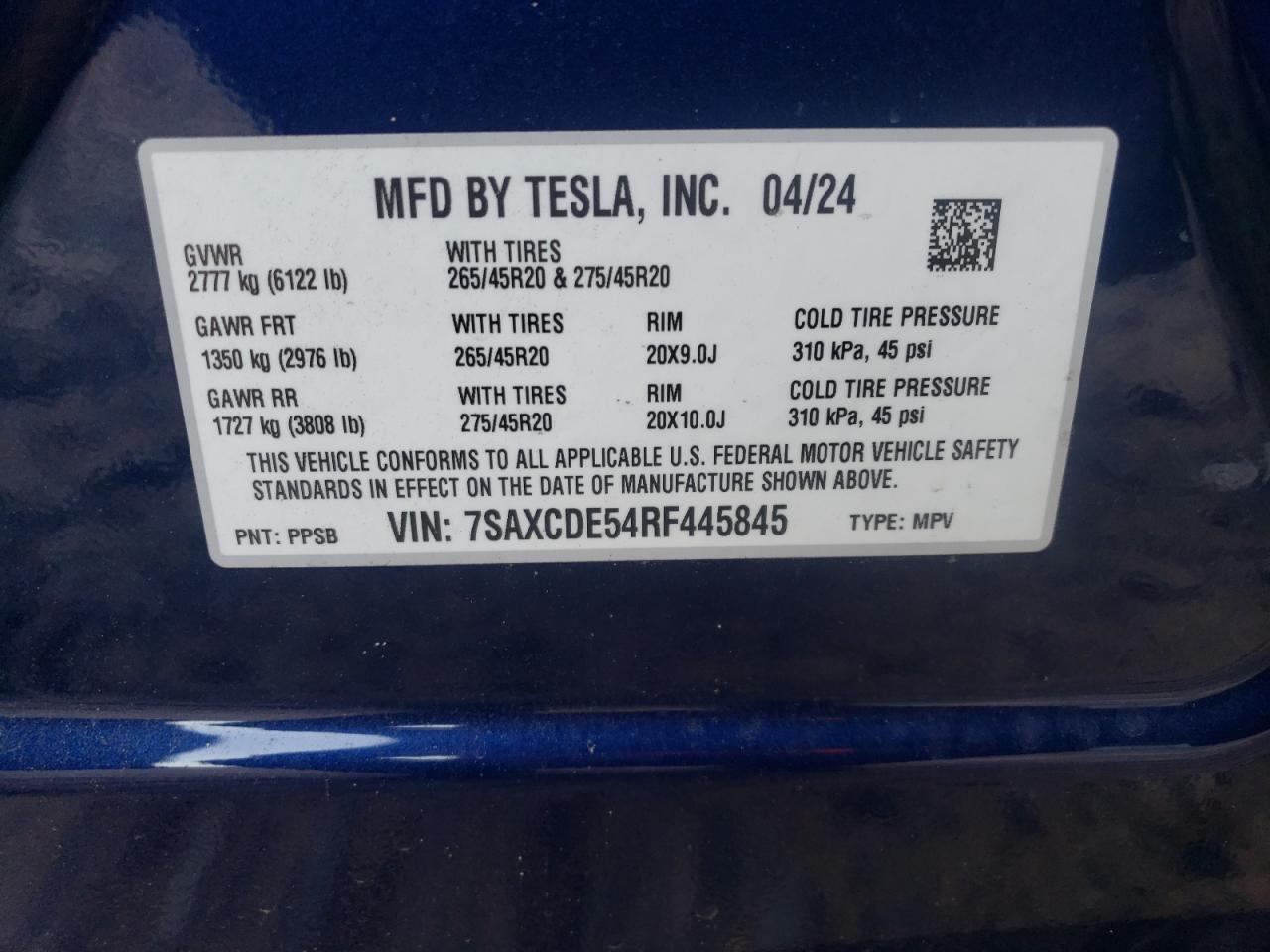 2024 Tesla Model X VIN: 7SAXCDE54RF445845 Lot: 65777504