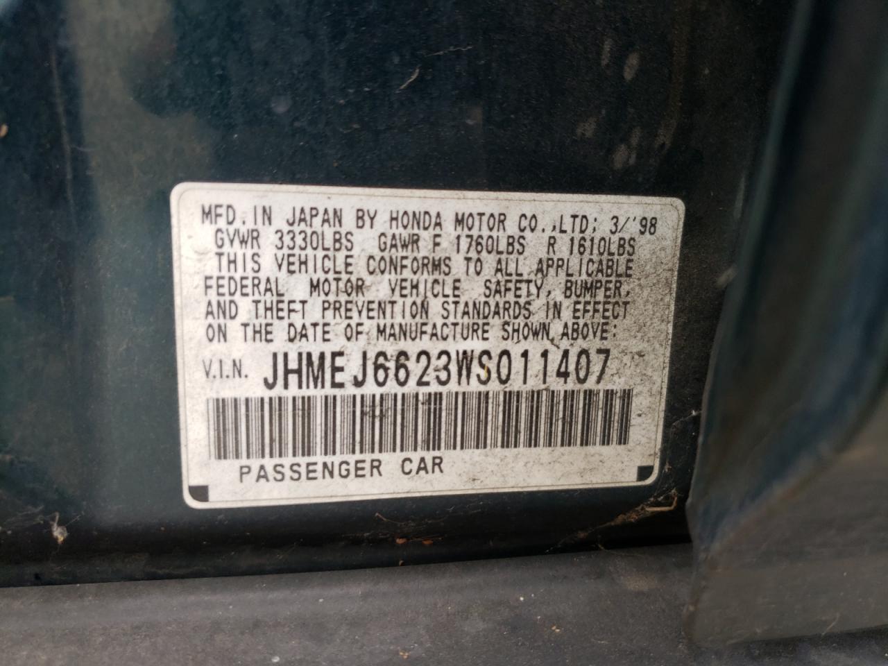 1998 Honda Civic Dx VIN: JHMEJ6623WS011407 Lot: 66986414