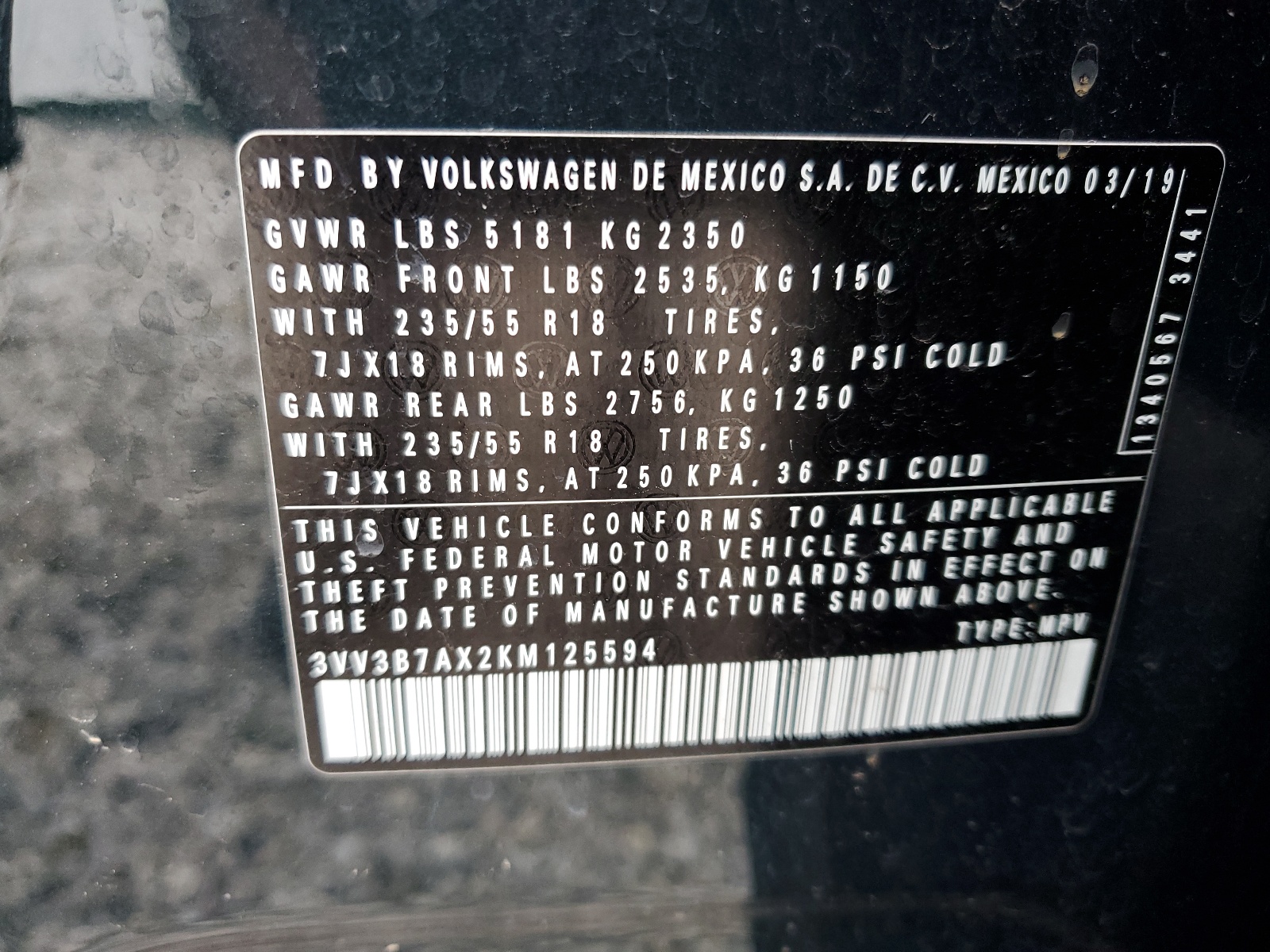 3VV3B7AX2KM125594 2019 Volkswagen Tiguan Se