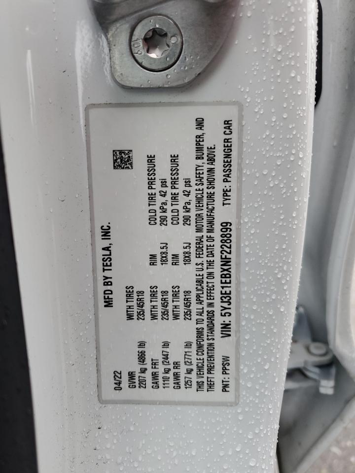2022 Tesla Model 3 VIN: 5YJ3E1EBXNF228899 Lot: 68915054