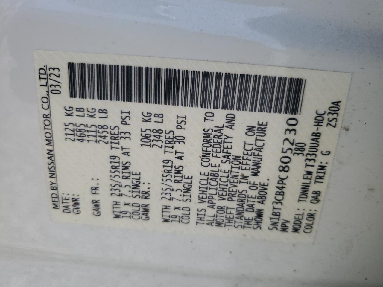 2023 Nissan Rogue Sl VIN: 5N1BT3CB4PC805230 Lot: 66034184