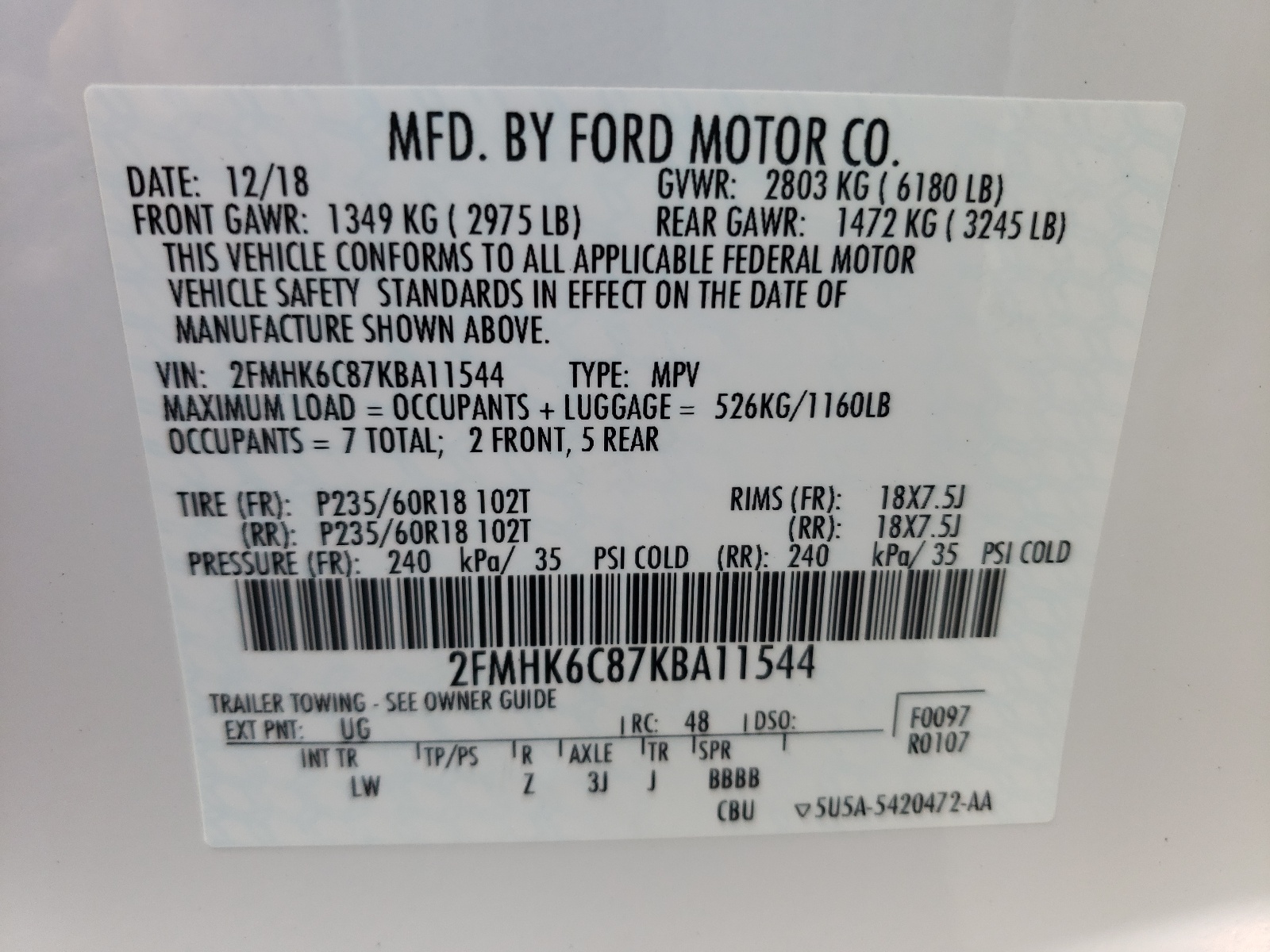 2FMHK6C87KBA11544 2019 Ford Flex Sel