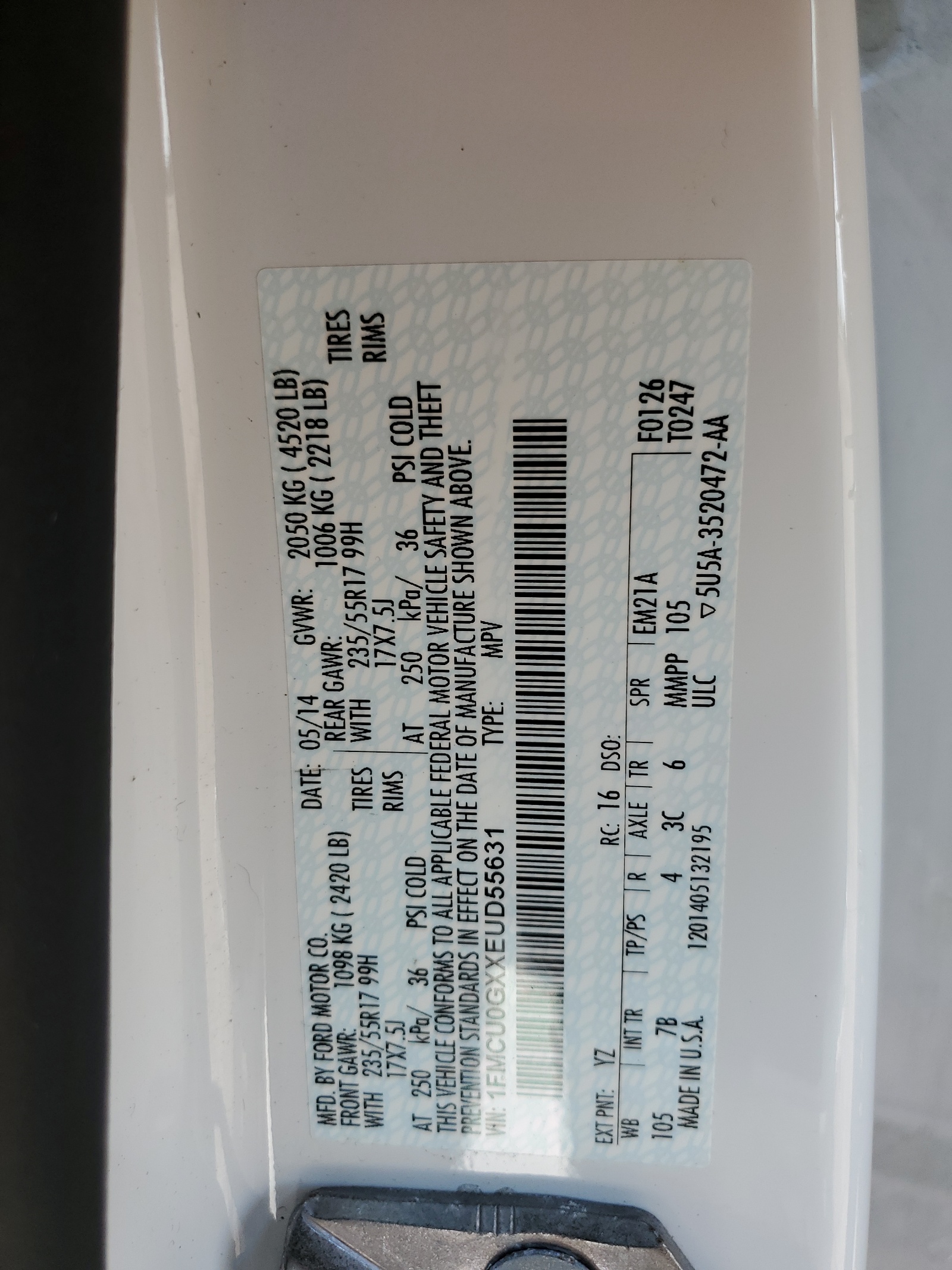 1FMCU0GXXEUD55631 2014 Ford Escape Se